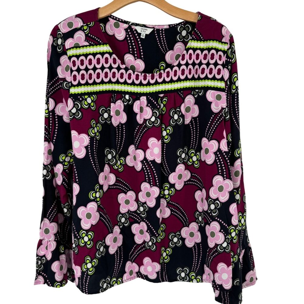 Crown and Ivy Womens Long Sleeve Blouse top size XL Burgundy pink floral BoHo